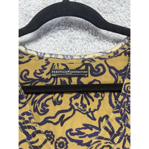 Peruvian Connection Yellowstone Boho Mini Dress Medium Mustard Yellow Blue Print - Picture 4 of 9